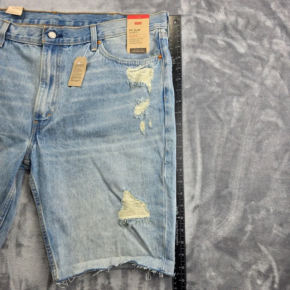 NEW Levi's 511 Slim Shorts Mens 42 Light Blue Distressed Ripped Denim‎ Cutoff